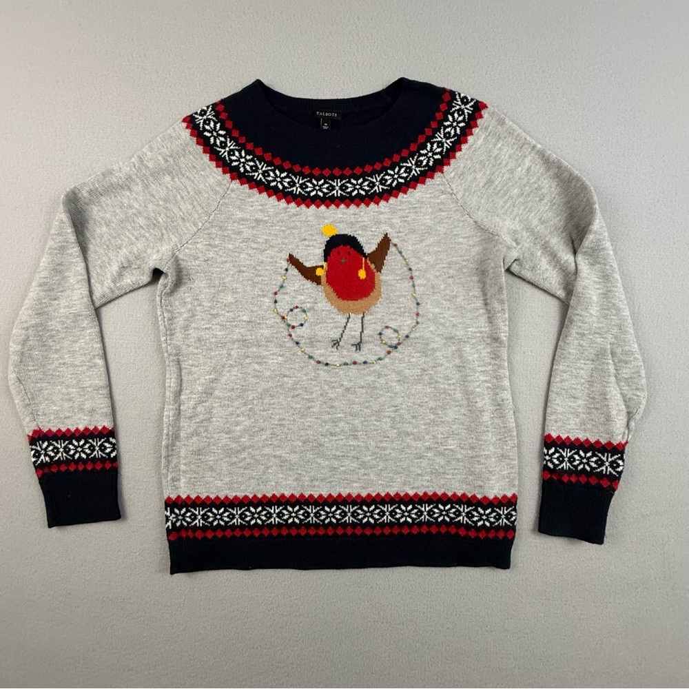 Talbots Sweater Womens Medium Holiday Bird Fair-isle Gray Navy Lamb’s Wool Blend